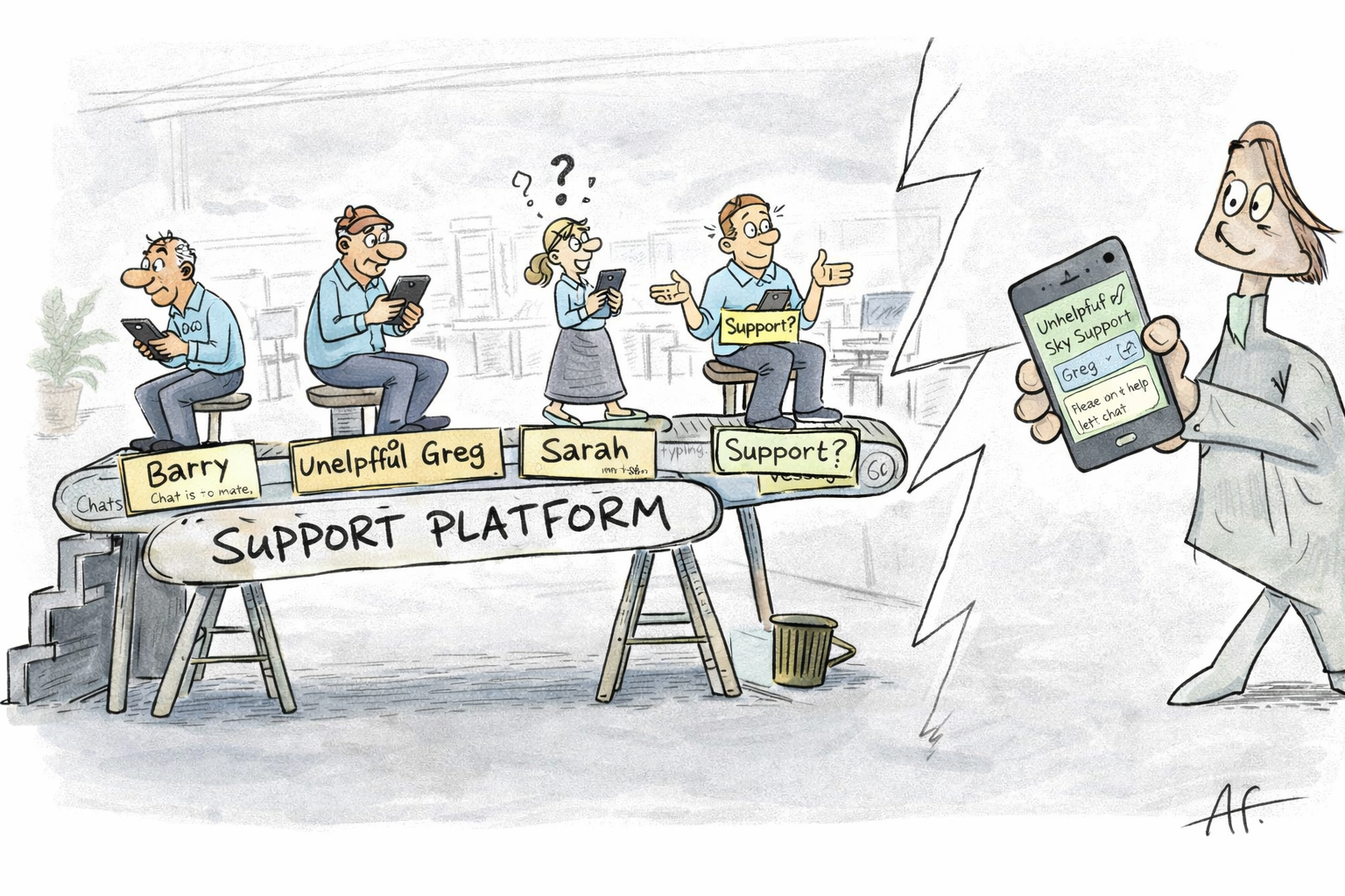 Cartoon of a customer on WhatsApp being passed between a row of confused Sky support agents sitting on a bench labelled "Support Platform"
